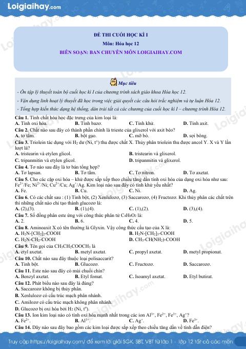 Đề thi học kì 1 Hóa 12 - Đề số 8